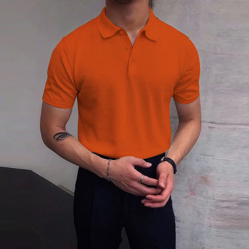 Fashion Slim Short Sleeve Mens Knit Tops Turn-down Collar Buttoned Casual Breathable Knitting Polo Shirt For Men Summer T Shirt