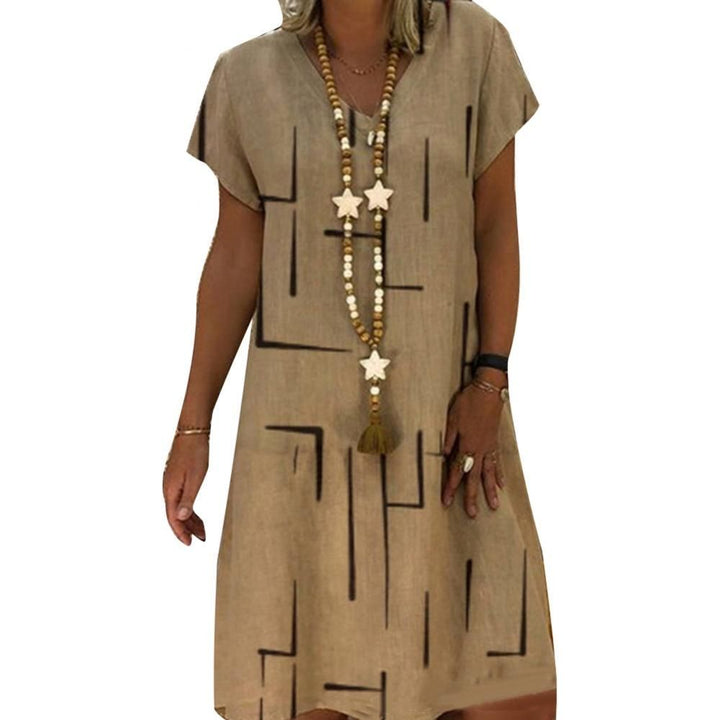 Vintage Women'S Dresses Solid Color V Neck Short Sleeve Printed Loose Knee-length Dress - Jointcorp