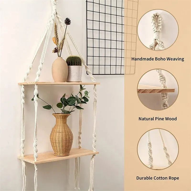 Woven Storage Rack Manual Bohemian Cotton Rope Triangular Wooden Board Home Homestay Decoration Flower Pot Pendant Storage Rack