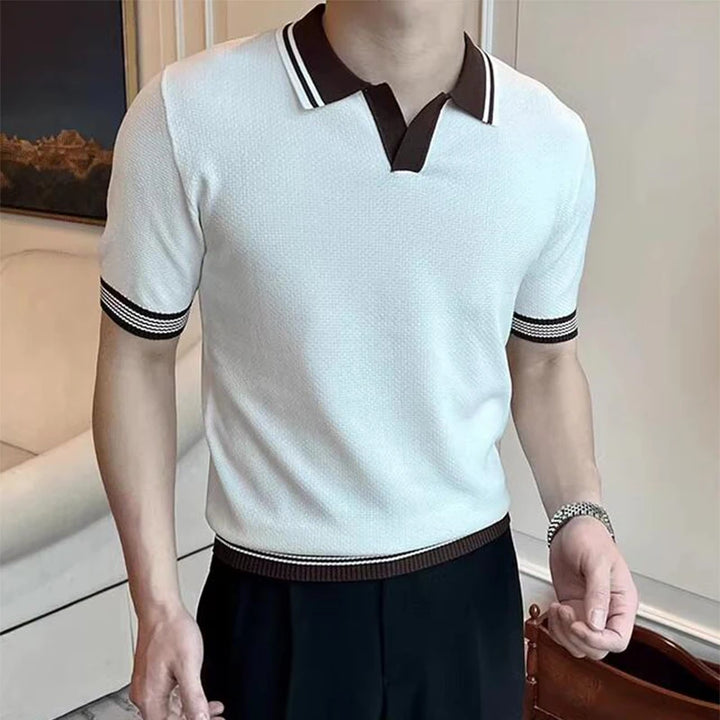 2024 Summer New Casual Slim Knit Polo Shirt Men Fashion Patchwork Lapel Knitted Tops For Mens Vintage Short Sleeve Pullover Tees