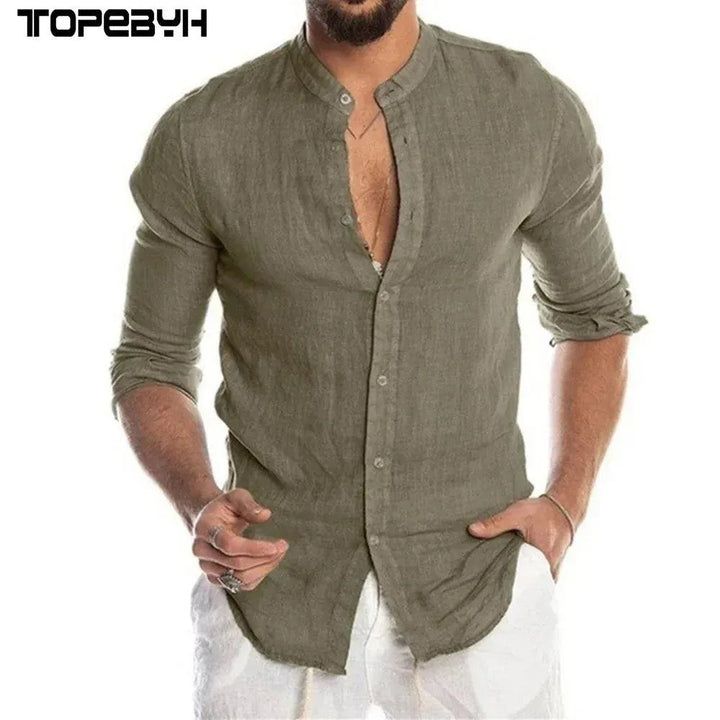New Men's Fashion Casual Solid Color Shirt Pullover Button Linen Cotton Comfortable Daily Top Long Sleeve Shirt