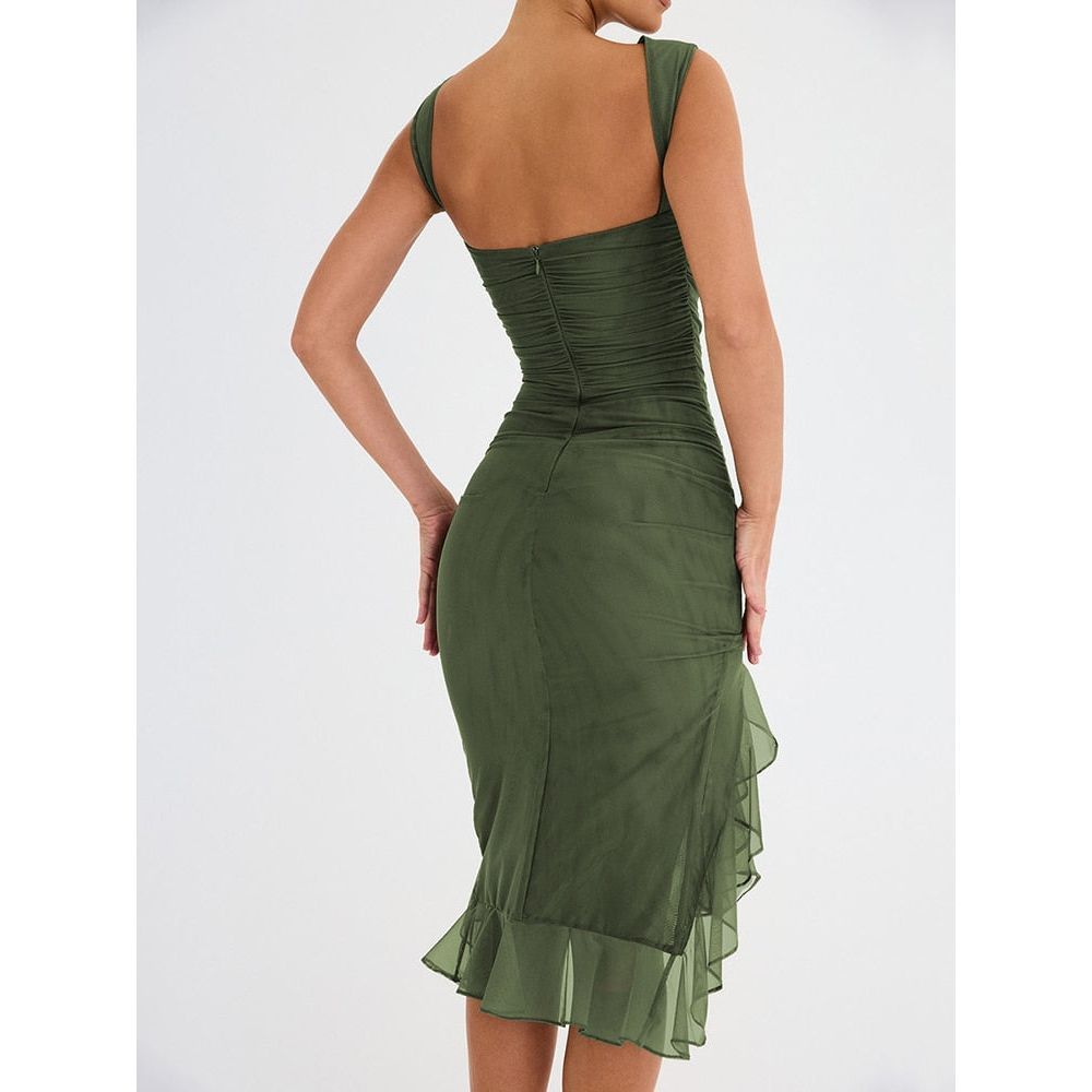 Mozision Elegant Ruffle Ruched Midi Dress For Women Robe Summer New Backless Sleeveless Vintage dresses - Jointcorp