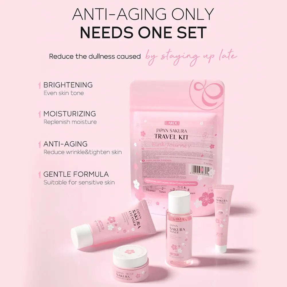 4pcs/Bag Sakura Skin Care Sets Facial Cleanser Face Face Toner Sunscreen Moisturizing Smoothing Nourishing Skincare Product