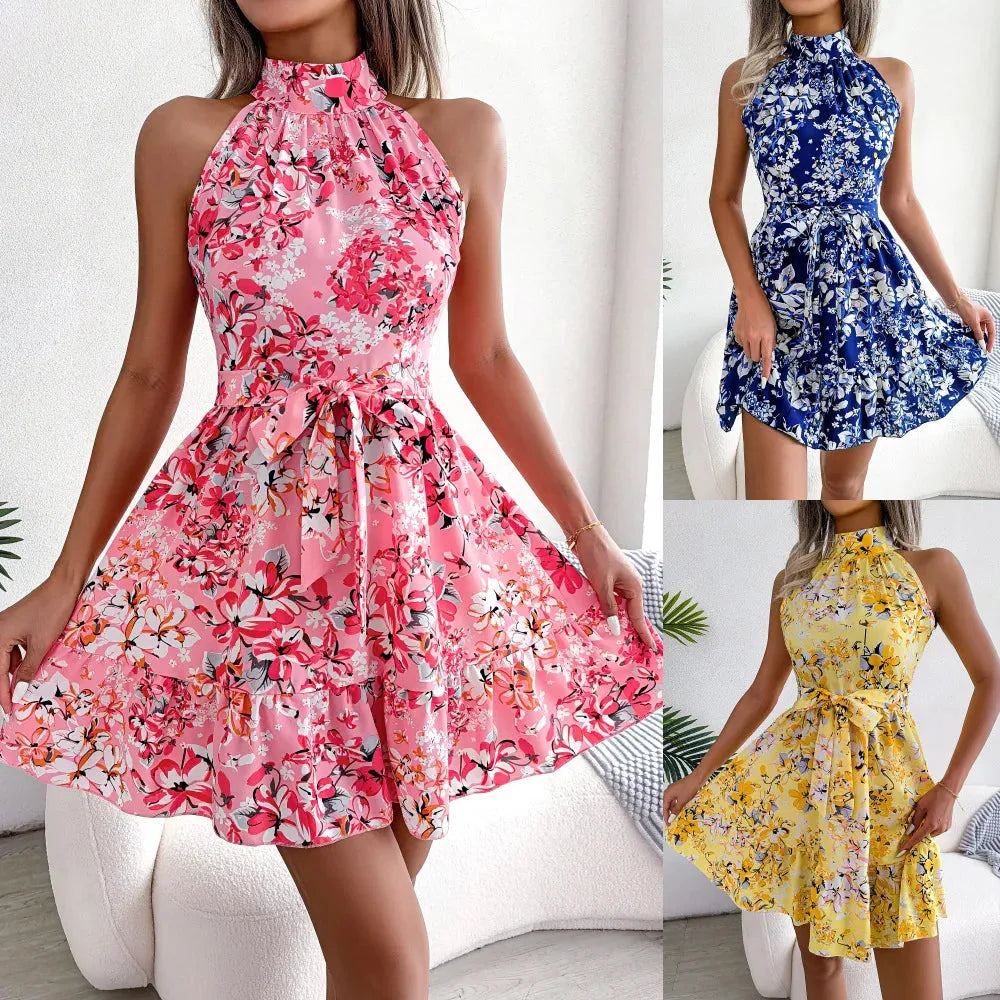 Large Floral Dress for Women Lace Up Ruffle Hem