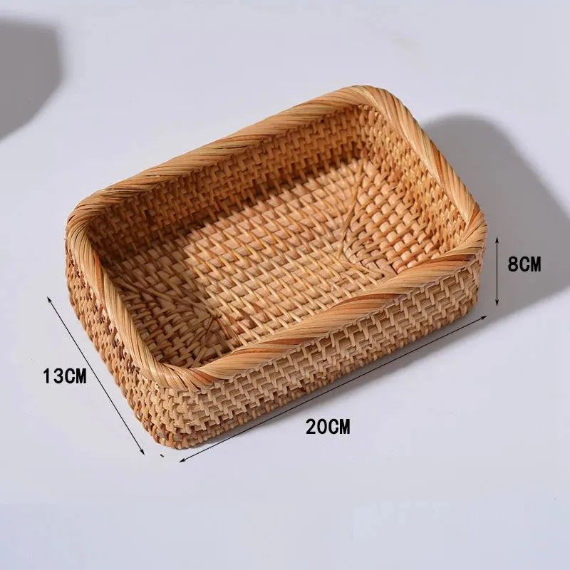 Hand-Woven Rattan Wicker Basket Fruit Tea Snack Bread Basket Cosmetic Rectangular Storage Box Household Kitchen Supplies
