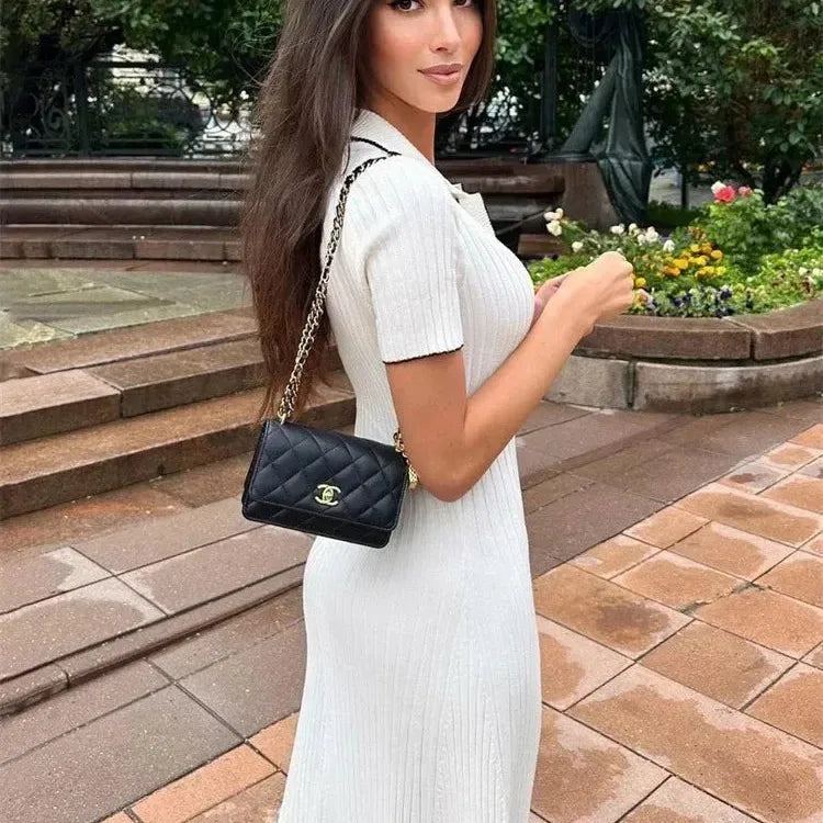 Tossy White Knit Fashion Maxi Dress For Women Short Sleeve Patchwork Elegant Party Dress Lapel High Waist Knitwear Women's Dress