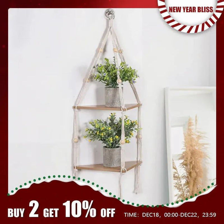 Woven Storage Rack Manual Bohemian Cotton Rope Triangular Wooden Board Home Homestay Decoration Flower Pot Pendant Storage Rack
