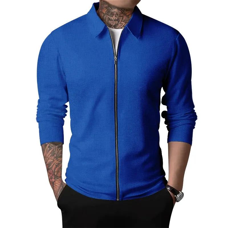 Spring and autumn 2023 new men's Sportswear, zippered long sleeved polo shirt+polyester fiber, solid checkered