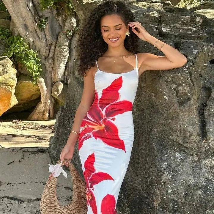 Chic Flower Print Women's Strap Maxi Dress For Women Elegant Sleeveless Backless Splited Slim Dresses Lady Beach Holiday Robe