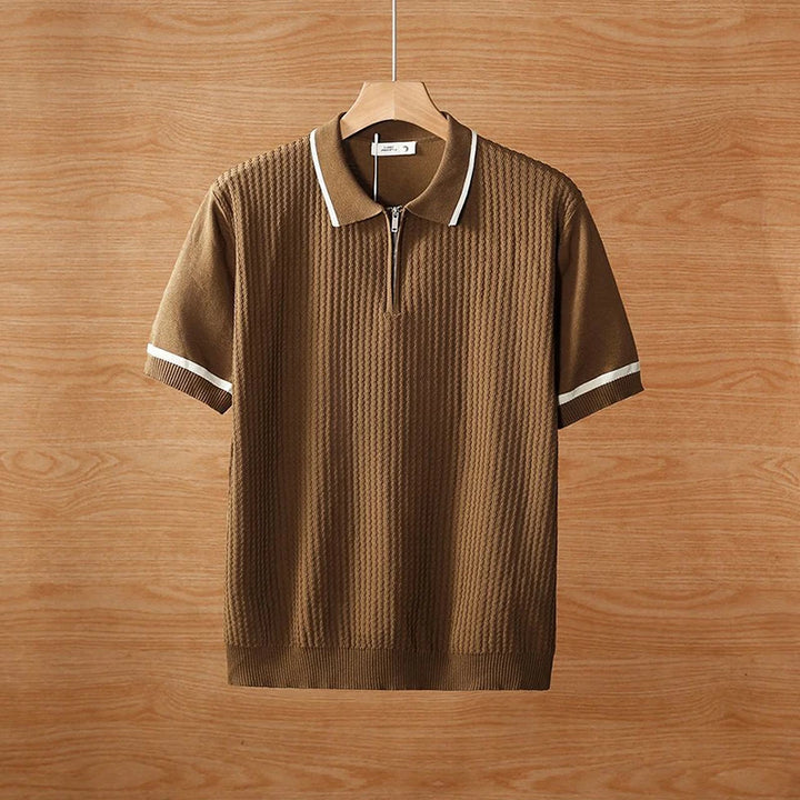 Stylish Contrast Color Striped Knit Tops Mens Vintage Zipper Polo Collar T Shirts For Men 2025 Summer Casual Short Sleeve Polos