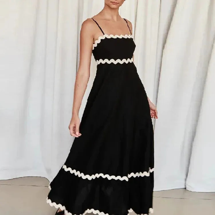 Elegant Spaghetti Strap Midi Dress Fashion Wave Striped Patchwork Maxi Dress For Women Female Backless Party Evening Sling Dress