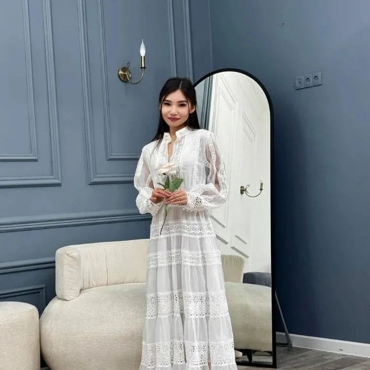 Elegant Print Hollow Out Lantern Sleeved Maxi Dress Women Lace Spliced Stand Collar Loose Dresses New Spring Female Street Robe