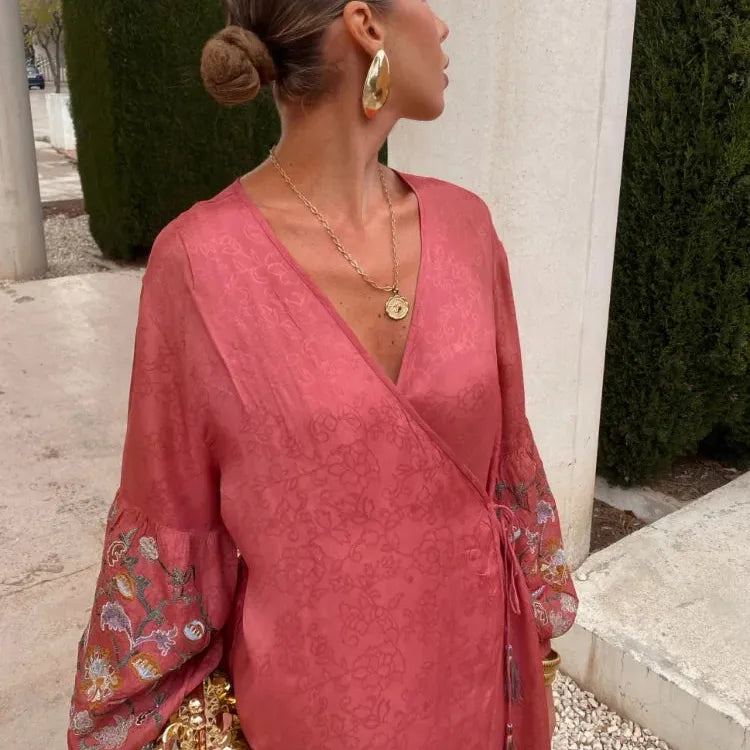 2024 Women Plus Size Holiday Long Dress Elegant V Neck  Lantern Embroidery Sleeves Lace Up Vestidos Summer Lady Beach party Robe
