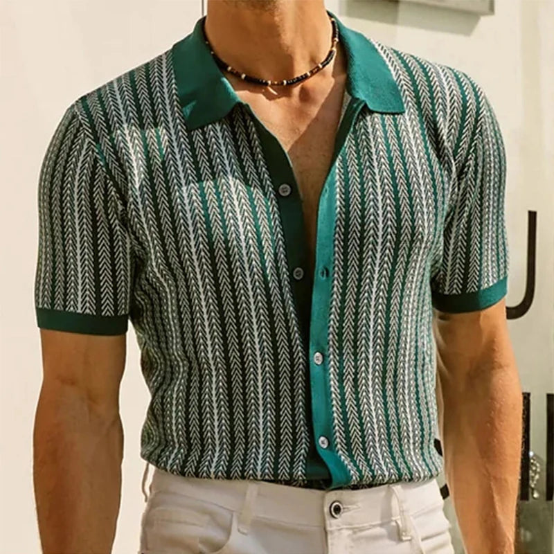 Streetwear Mens Knitwear Summer Short-sleeved Buttoned Lapel Casual Knit Shirt Men Cardigan Tops Vintage Jacquard Striped Shirts