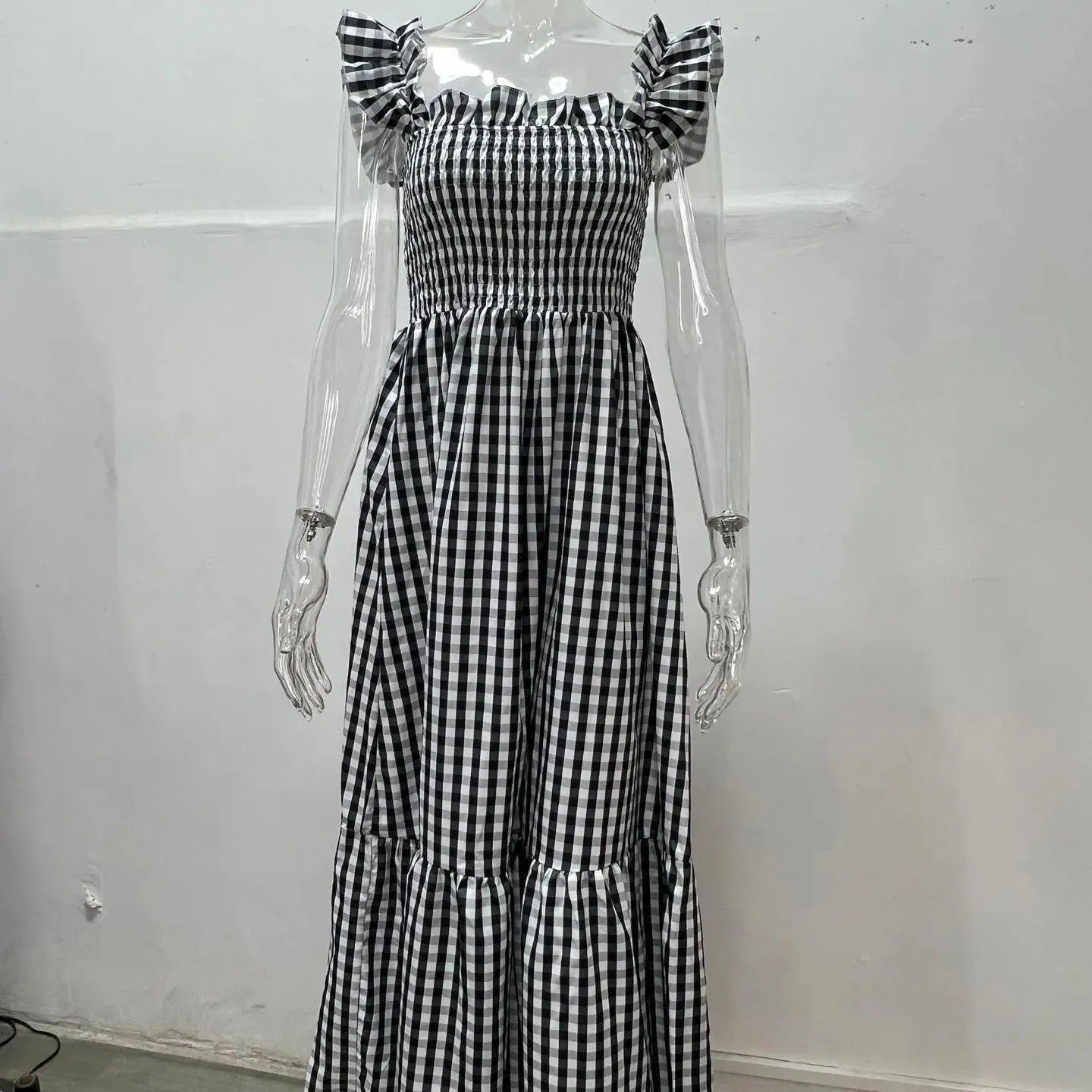 Summer fashion collage plaid suspender casual large hem dress