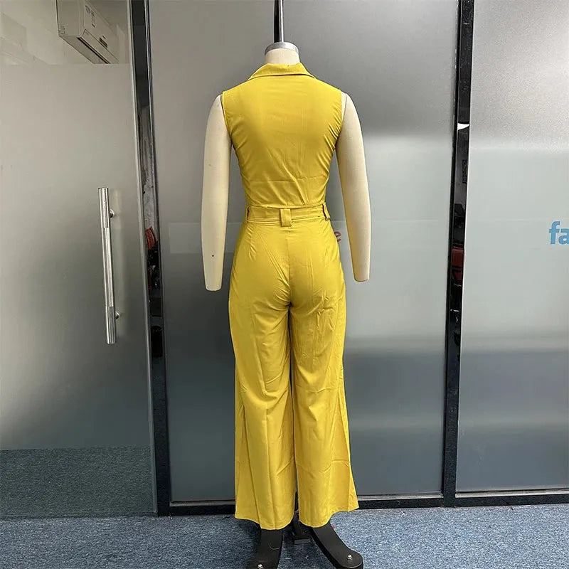 Women Two Piece Set Fashion Lapel Solid Single Row Button Sleeveless Top Loose Wide Legs Lace Up Pockets Pants Sets