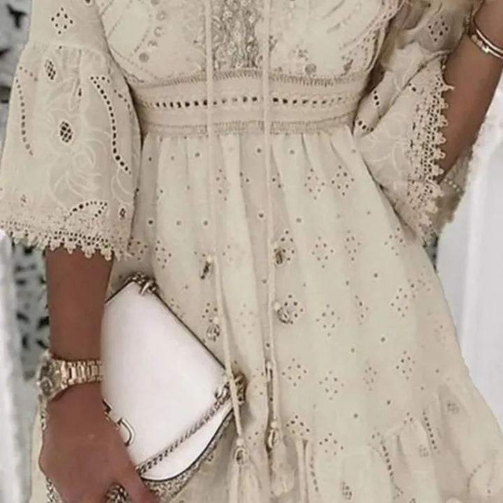 Women Elegant White Hollow Lace Mini Dress Summer V-neck Patchwork Lace Up Three Quarter Sleeve Ladies Vacation Beach Dresses