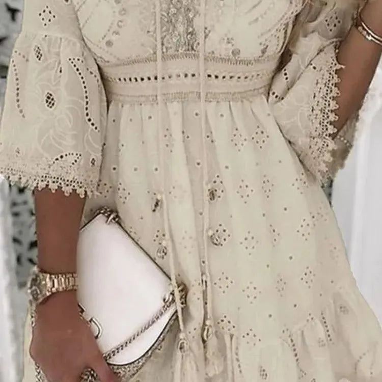 Women Elegant White Hollow Lace Mini Dress Summer V-neck Patchwork Lace Up Three Quarter Sleeve Ladies Vacation Beach Dresses