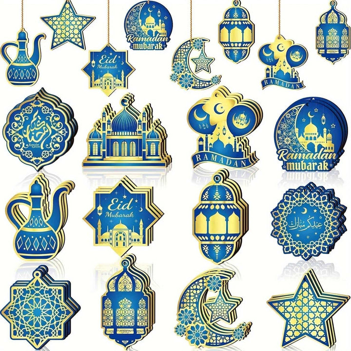 24 Pcs Ramadan Ornaments Eid Mubarak Ornaments Hanging Castle Lantern Light Star Moon Ornaments for Christmas Tree Ramadan