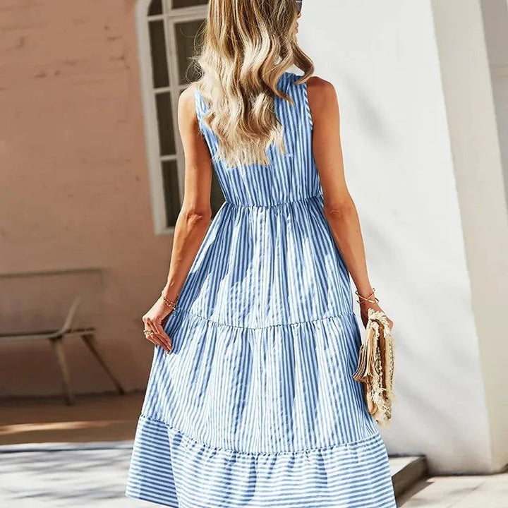 Striped Shirt Dress Women Sleeveless V-Neck Long Dresses Summer Casual Buttons A-Line Beach Holiday Dresses Female Clothing