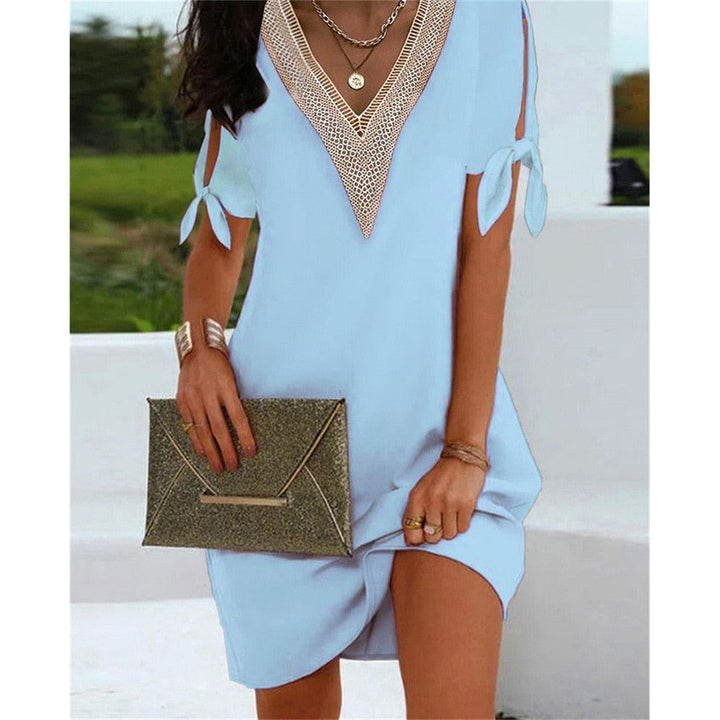Dresses Elegant Lace Decoration V Neck Pullover for Women Summer Bow Tie Lace-up Split Short Sleeve Vintage dresses - Jointcorp