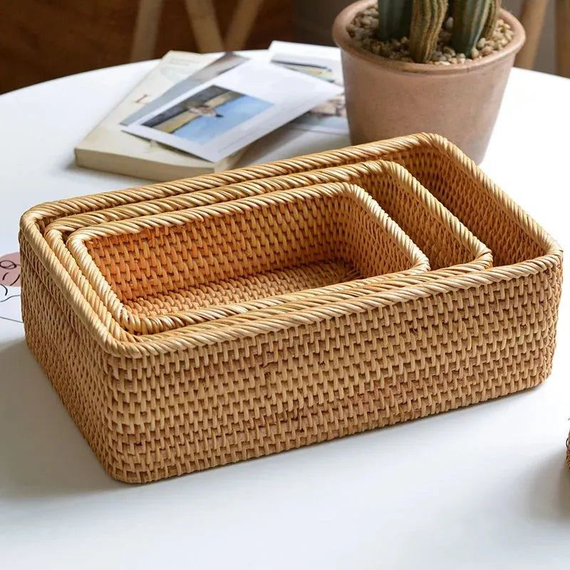Hand-Woven Rattan Wicker Basket Fruit Tea Snack Bread Basket Cosmetic Rectangular Storage Box Household Kitchen Supplies