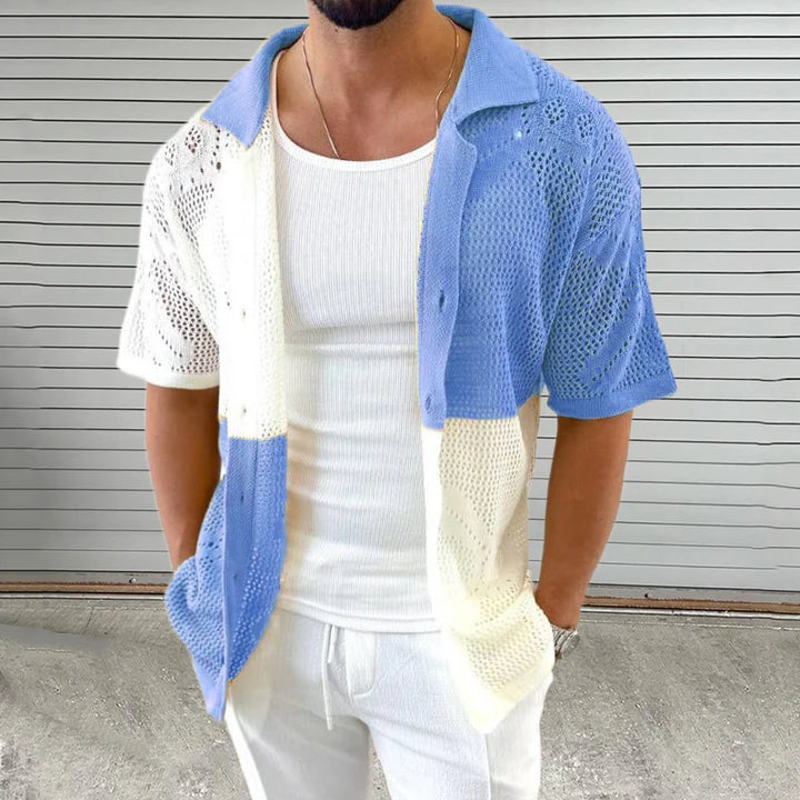 Vintage Contrast Color Hollow Out Knit Shirt Men Summer Casual Short Sleeve Button-up Lapel Knitted Mens Shirts Fashion Cardigan