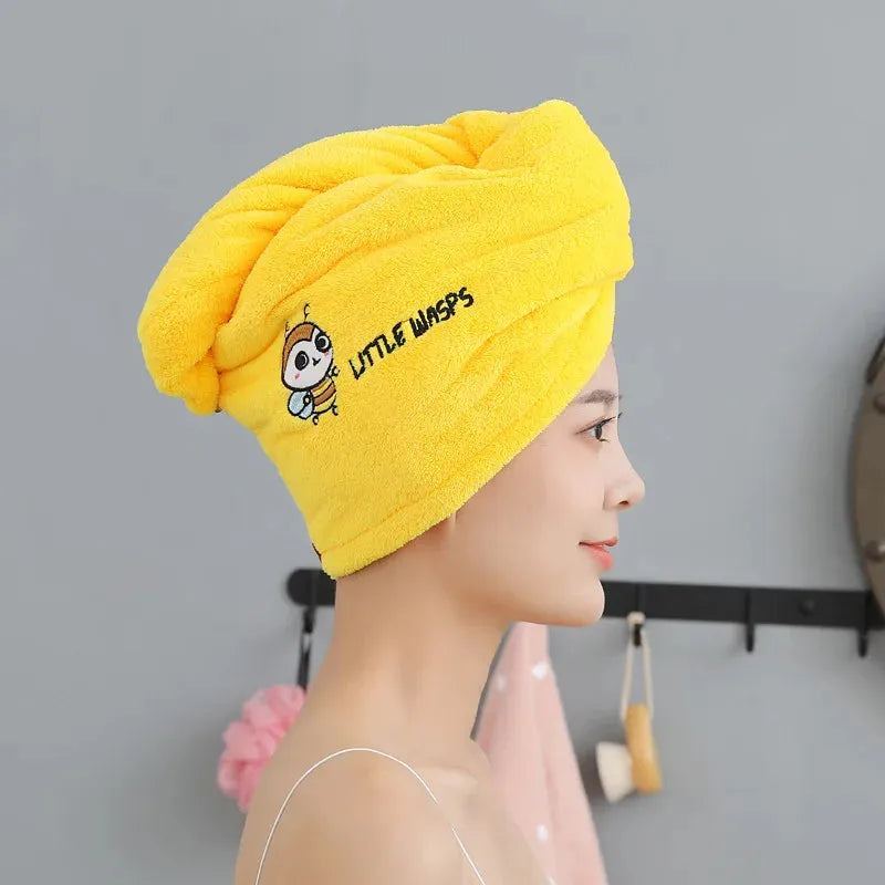Cute Animal Embroidery Absorbent Shower Cap Coral Fleece Hair Drying Cap Towel Women Thicken Quick-Dry Turban Bathroom