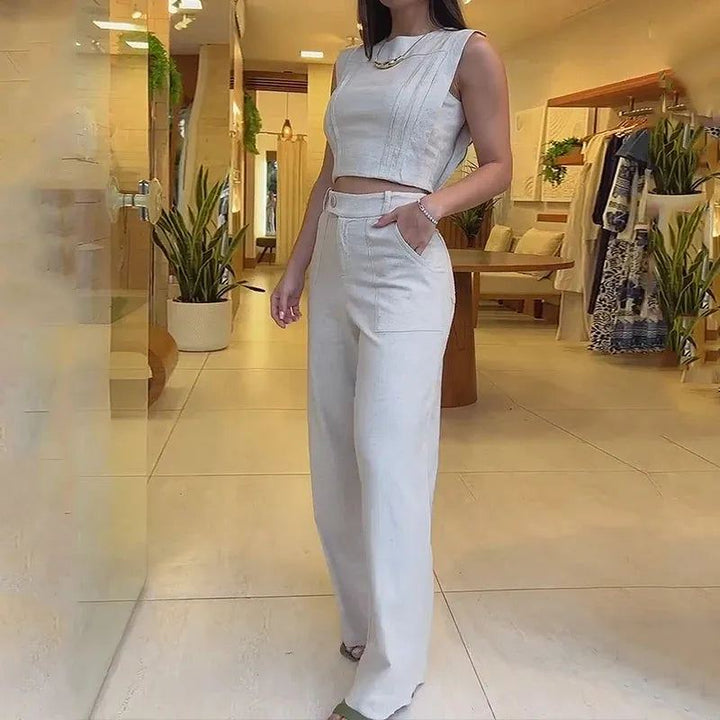 Women Two Piece Set Office Casual Solid Sleeveless Round Neck High Waist Tank Top Loose Wide Legs Pants Set Streetwear