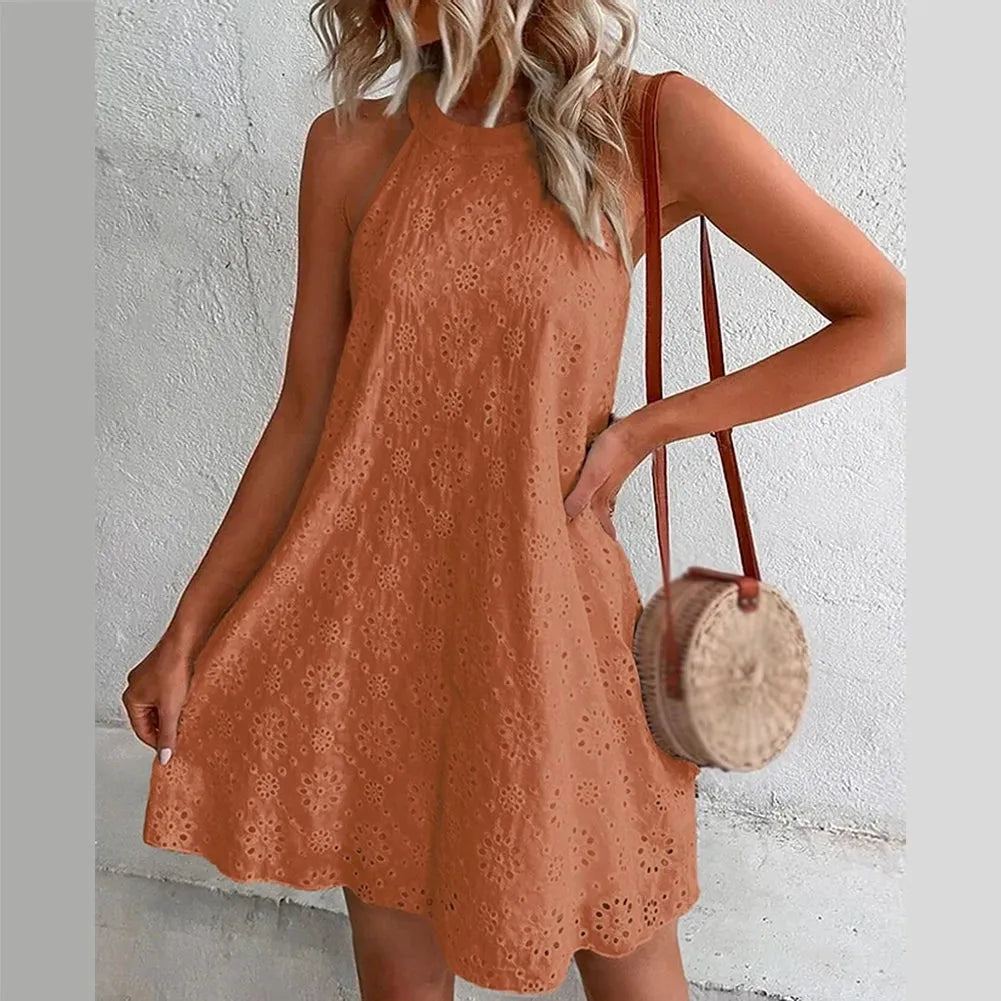 Women's Sleeveless Dress Hanging Neck Casual Ladies lace All-match All-match Solid color Beach Spring Summer