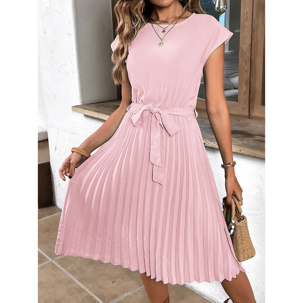 Dress for Women Summer Casual Beach Sundress Short Sleeve Pleated Midi Dress Soild Vintage dresses - Jointcorp