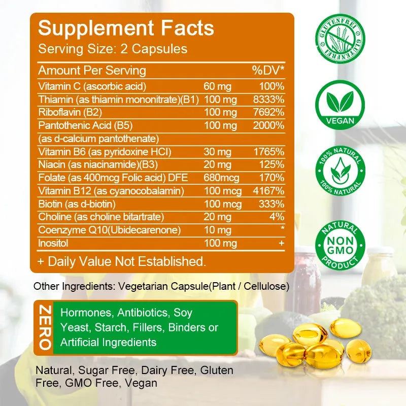 Catfit Compound Vitamin B Capsules VB B1 B2 B3 B5 B6 B7 B9 B12 Resveratrol Relieve Stress&Immune System Support Beauty Health