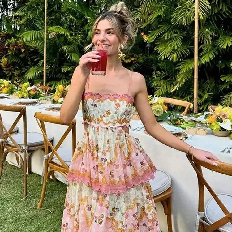 Women Sweet Print Cut Out Halter Maxi Dress Fashion Off Shoulder Sleeveless Holiday Robe Lady Elegant Beach Party Vestidos