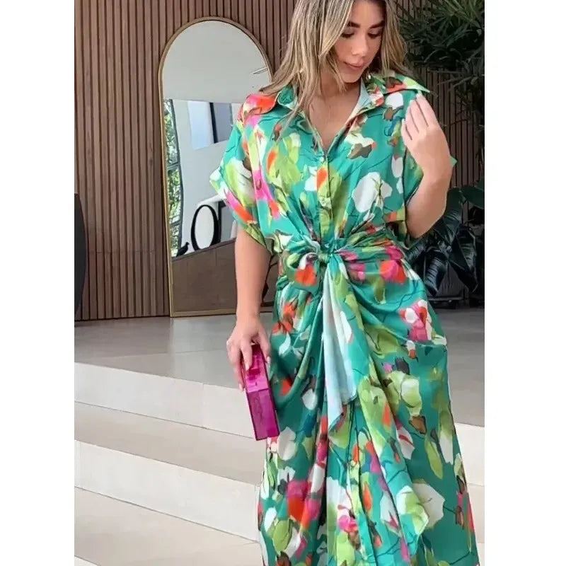 Women Dresses Short Sleeve Turn Down Collar Single Breasted Button Blouses Dress Vestidos Patchwork High Street Print Belt