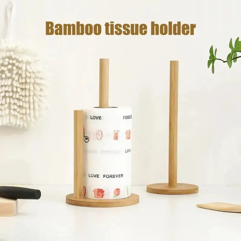 Wooden Roll Paper Towel Holder Bathroom Tissue Vertical Stand Disposable Paper Rack Kitchen Toilet Storage Accessories
