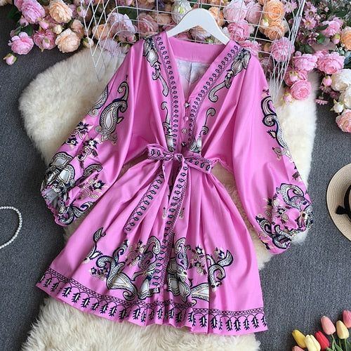 Spring Vintage Printed V-neck Long Sleeved Short Dress Retro Floral Single Breasted Waist Ribbon A-line Midi Dress - Jointcorp