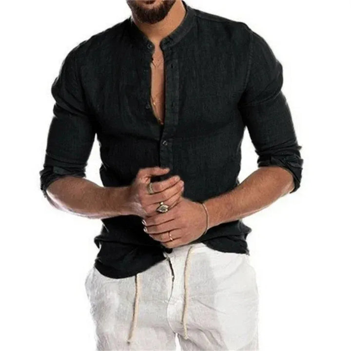 New Men's Fashion Casual Solid Color Shirt Pullover Button Linen Cotton Comfortable Daily Top Long Sleeve Shirt