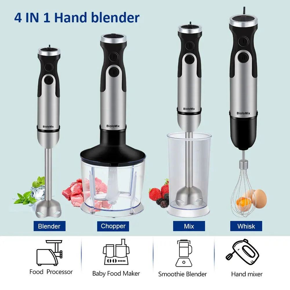 Biolomix 4 In 1 Hand Stick Blender 1200W Immersion Mixer Food Processor 6 Speed Control, 800ml Chopper, Whisk, 600ml Beaker