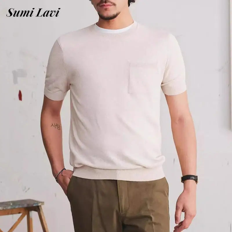 Stylish Pockets Knit T-shirts Mens Casual Solid Color Slim Fit Knitting Jumper Men Tops Summer Vintage O Neck Short Sleeve Tees