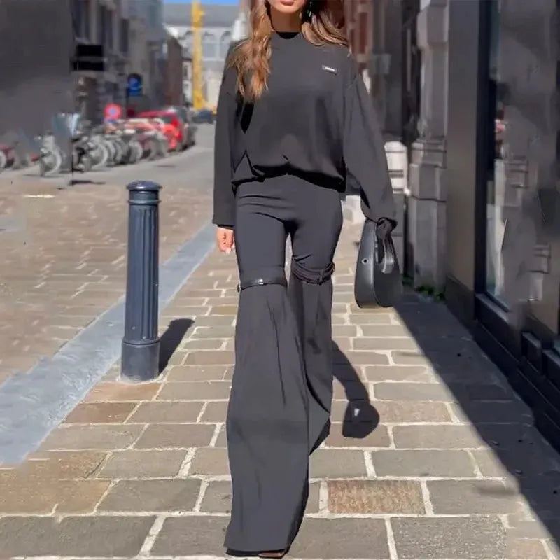 Women Two Piece Set Autumn Fashion Casual Long Sleeve Round Neck T Shirt Top Loose Flare Pants Sets High Streetwear