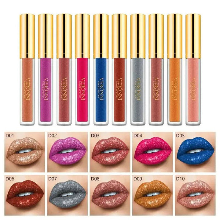 10Colors VERONNI Sexy Glitter Diamond Lip Gloss Shimmer Long Lasting Lip Makeup Waterproof Metallic Pearl Color Velvet Lip Gloss