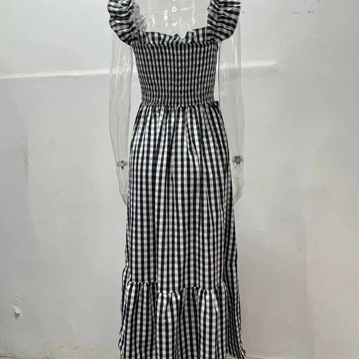 Summer fashion collage plaid suspender casual large hem dress