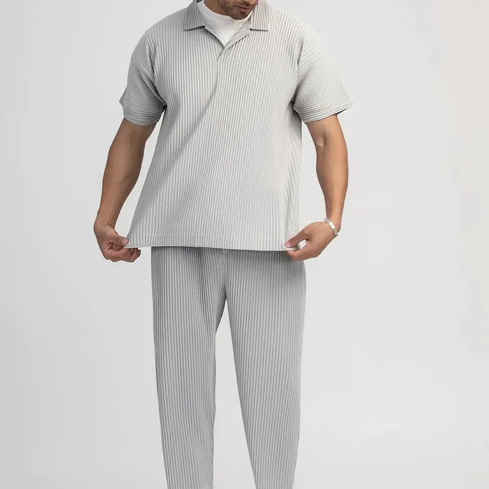 Miyake Pleated Men Polo Shirt Short-sleeved Lapel T Shirt Breathable Loose Casual Plain Top Miyake Men