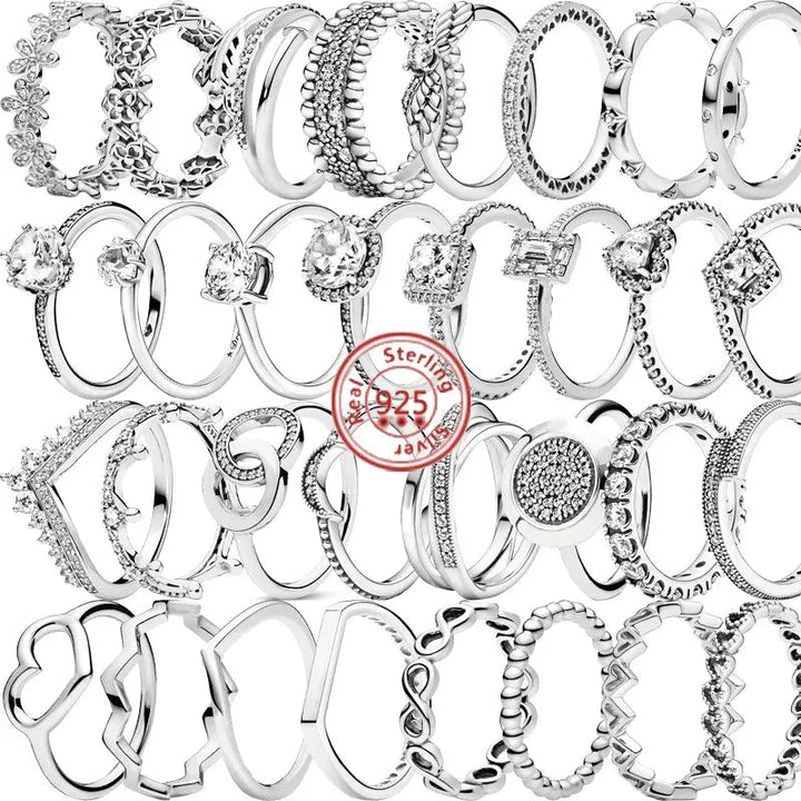 Silver Crown Heart Flower Wing Clear Zircon Rings for Women