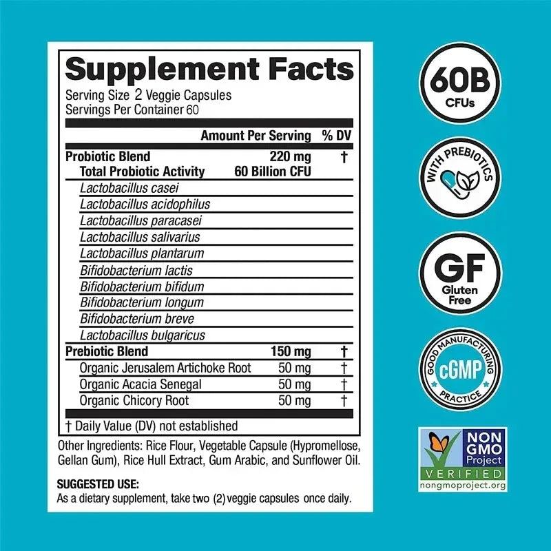 60 Billion Probiotics - Supports Healthy Digestion and The Immune System, Reduces Bloating and Acidity