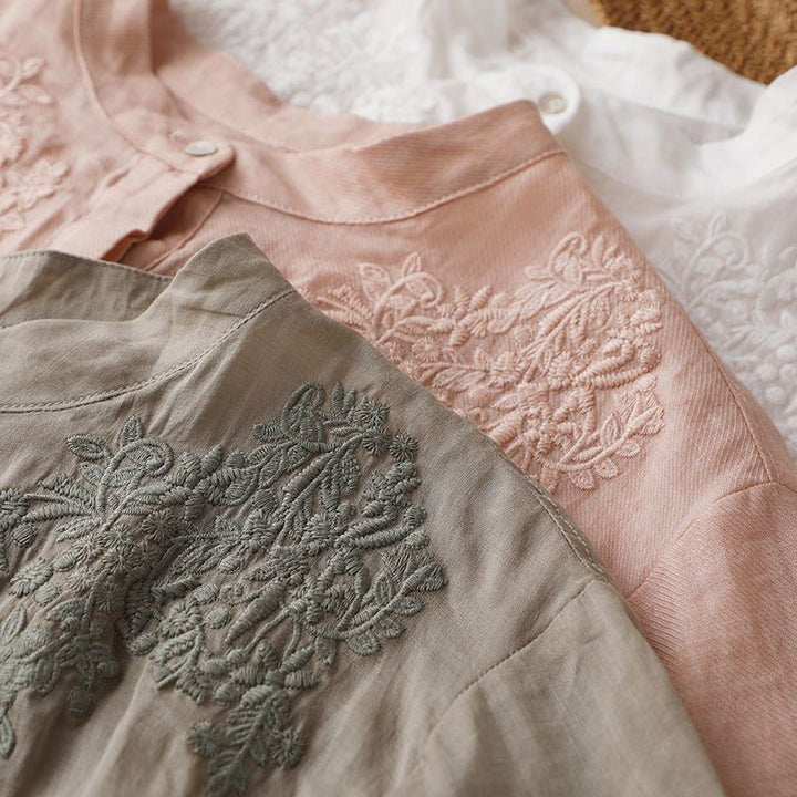 Cotton Linen Long Shirt Women Tunics Embroidery Elegant Blouse Plus size Clothing Loose Casual Ladies Tops Button Up Shirts - Jointcorp