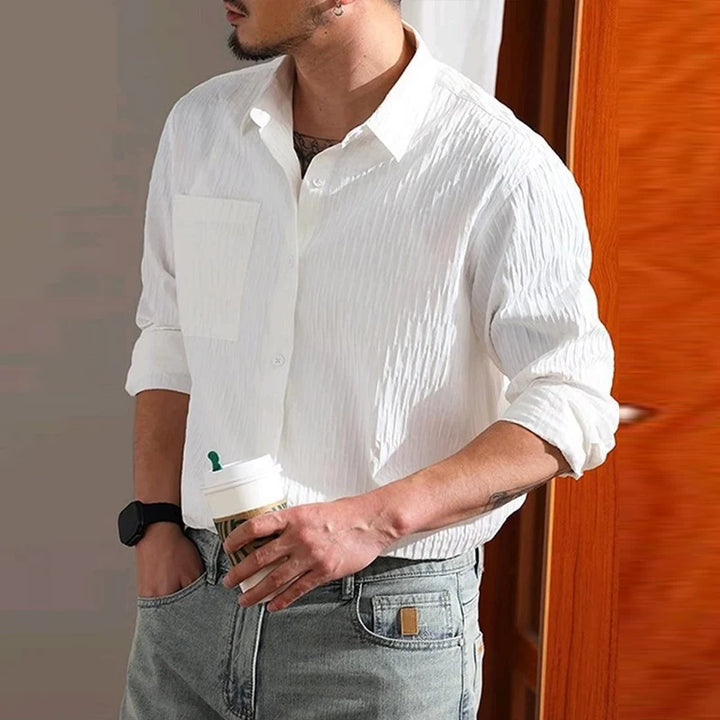 2024 Spring Fall Streetwear Casual Shirts Men Trendy Textured Long Sleeve Shirt For Mens Fashion Turn-down Collar Buttoned Shirt