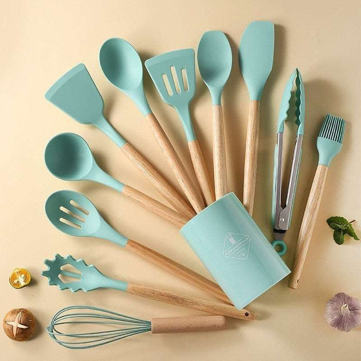 12Pcs/Set Wooden Handle Silicone Kitchen