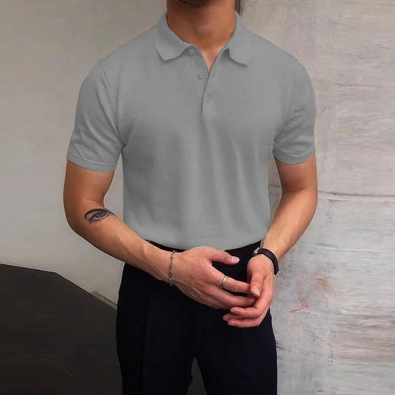 Fashion Slim Short Sleeve Mens Knit Tops Turn-down Collar Buttoned Casual Breathable Knitting Polo Shirt For Men Summer T Shirt