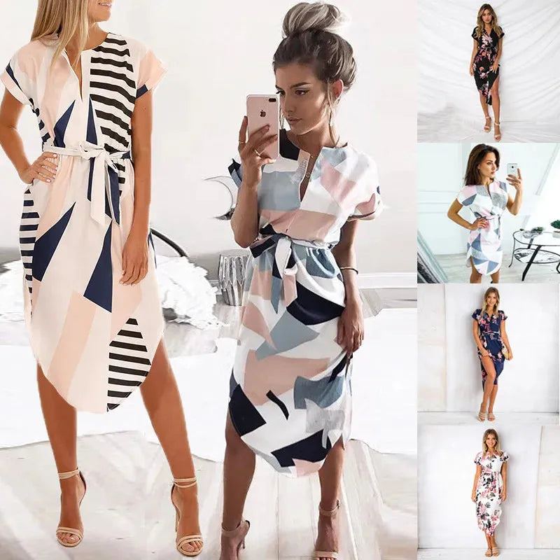 Elegant dress for women, short sleeve, V neck, belt tunic, geometry print, irregular, Office, European and American, summer
